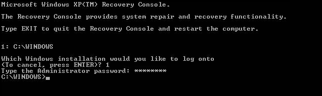 4. Once you are at the Recovery Console, you will be given at least one choice of Windows installations. Normally the choice you want is number 1 .